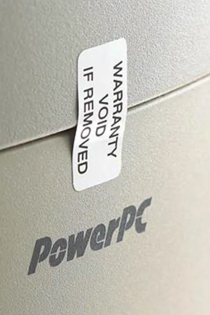 Warranty void security label applied to technology equipment
